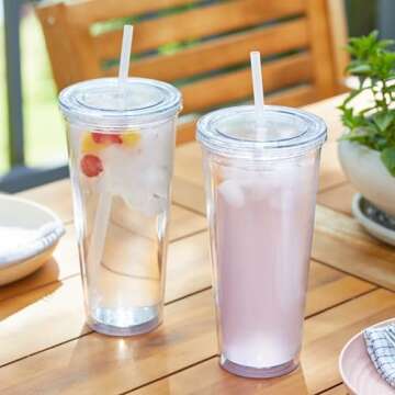Zephyr Canyon 24oz Double Wall Plastic Tumblers with Lids and Straws | Large Classic Travel Tumbler | 4 Pack Set of 4 | Clear Reusable Cups with Straws | BPA Free