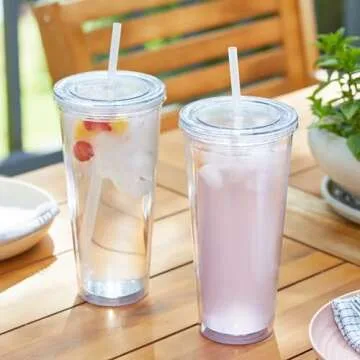 Zephyr Canyon 24oz Double Wall Plastic Tumblers with Lids and Straws | Large Classic Travel Tumbler | 4 Pack Set of 4 | Clear Reusable Cups with Straws | BPA Free