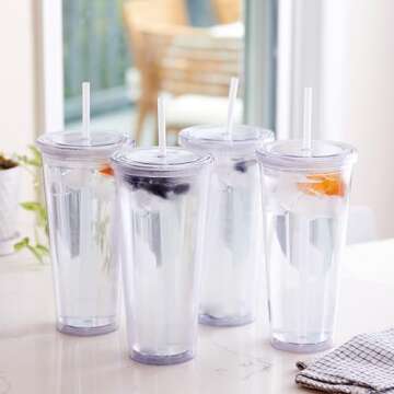 Zephyr Canyon 24oz Double Wall Plastic Tumblers with Lids and Straws | Large Classic Travel Tumbler | 4 Pack Set of 4 | Clear Reusable Cups with Straws | BPA Free