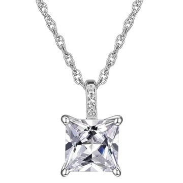 DIAMONLITE 2 Ct Princess Cut CZ 925 Sterling Silver Necklace for Women - 18" + 2" Cubic Zirconia Nec...