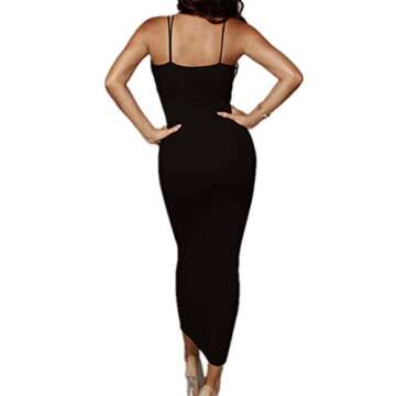 PRIMODA Women's Sexy Neon Asymmetrical Spaghetti Strap Dress Deep V-Neck Sleeveless Bodycon Midi Club Dress(Black,S)