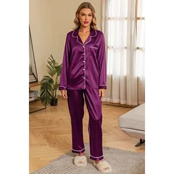 Anjue Pajama Set Women's Silk Pjs Soft Button Down Sleepwear Striped Long Sleeve Pajamas Loungewear ...