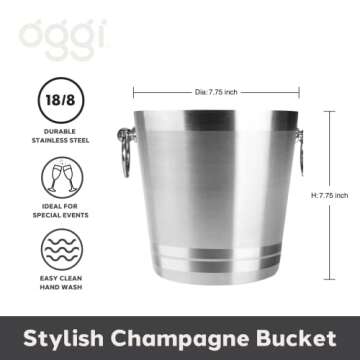 OGGI Stainless Steel Champagne Bucket - Large Ice Bucket with Elegant & Classic Handles - Great for Home Bar, Chilling Champagne and Sparkling Wine - 4.25 qt / 4 lt