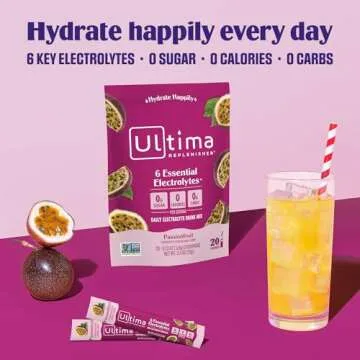 Ultima Replenisher Daily Electrolyte Powder Drink Mix – Passionfruit, 20 Stickpacks – Hydration Packets with 6 Electrolytes and Trace Minerals – Keto Friendly, Non-GMO and Sugar-Free