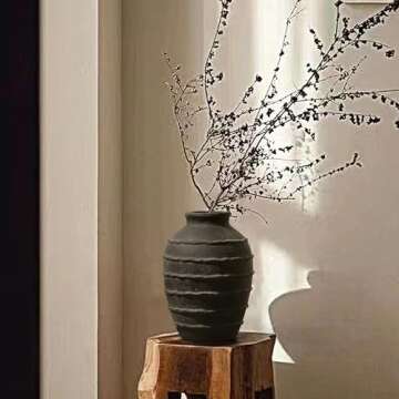 Kokrose Black Terracotta Vase, Black Vases Home Decor for Centerpieces, Large Vintage Rustic Flower Vase for Home Decor, Pottery Ceramic Vases, Table Top Fireplace Mantel Decor