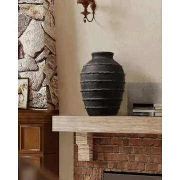 Kokrose Black Terracotta Vase, Black Vases Home Decor for Centerpieces, Large Vintage Rustic Flower Vase for Home Decor, Pottery Ceramic Vases, Table Top Fireplace Mantel Decor