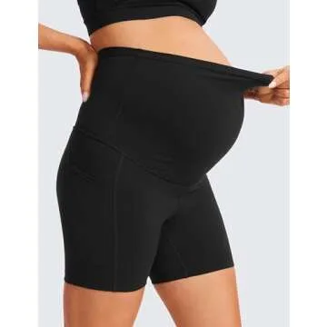 CRZ YOGA Womens Butterluxe Maternity Yoga Biker Shorts with Pockets 5" - Over The Belly Pregnancy Workout Athletic Black Medium