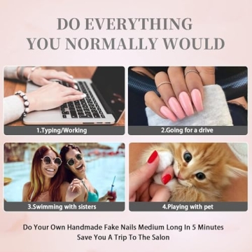 KQueenest Hot Pink Medium Long Glue on Nails for Women