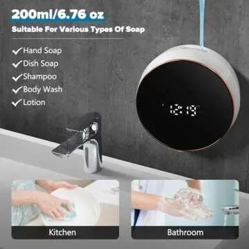 Automatic Soap Dispenser Liquid Bathroom: Wall Mount Rechargeable Touchless Adjustable Auto Smart Electric Plastic White Soap Dispenser with Clock - Kitchen - Hand Dish Lotion Couple Kids