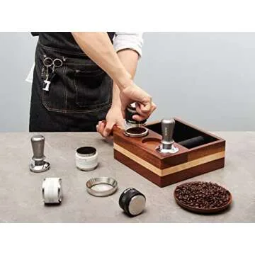 IKAPE Espresso Knock Box, 4 IN One Espresso Accessories Organizer Box Compatible with 51&54MM Espresso Accessories, Natural Mahogany Tamping Station Base