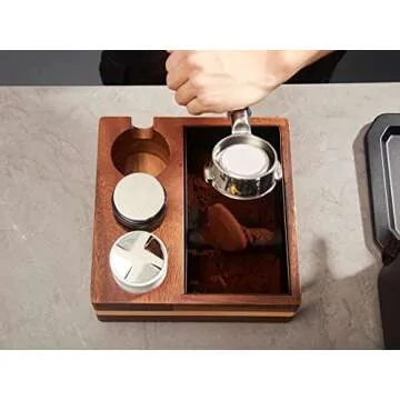 IKAPE Espresso Knock Box, 4 IN One Espresso Accessories Organizer Box Compatible with 51&54MM Espresso Accessories, Natural Mahogany Tamping Station Base
