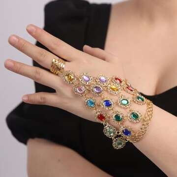 YERTTER Vintage Style Gold Plated Gemstone Bracelet Colorful Crystal Finger Ring Adjustable Cuff Bel...