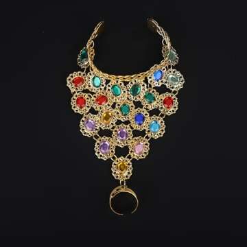 YERTTER Vintage Style Gold Plated Gemstone Bracelet Colorful Crystal Finger Ring Adjustable Cuff Belly Dancers Hand Accessories