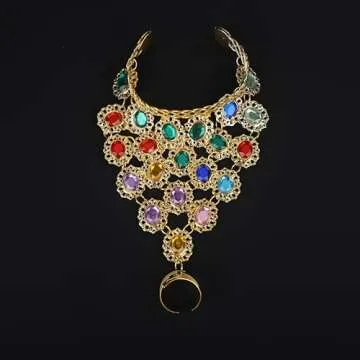 YERTTER Vintage Style Gold Plated Gemstone Bracelet Colorful Crystal Finger Ring Adjustable Cuff Belly Dancers Hand Accessories