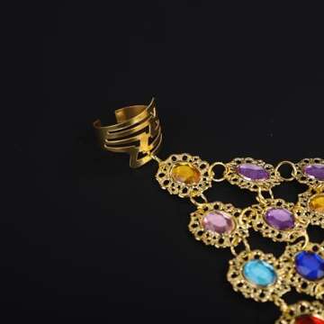 YERTTER Vintage Style Gold Plated Gemstone Bracelet Colorful Crystal Finger Ring Adjustable Cuff Belly Dancers Hand Accessories