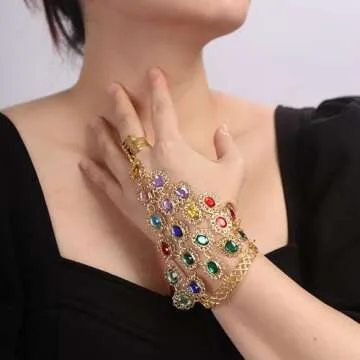 YERTTER Vintage Style Gold Plated Gemstone Bracelet Colorful Crystal Finger Ring Adjustable Cuff Belly Dancers Hand Accessories