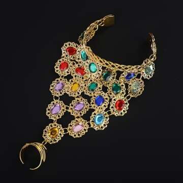 YERTTER Vintage Style Gold Plated Gemstone Bracelet Colorful Crystal Finger Ring Adjustable Cuff Belly Dancers Hand Accessories