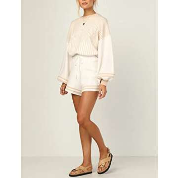 Arssm 2 Piece Sets for Women Casual Knitted Striped Crewneck Pullover Long Sleeve Sweater Shorts Lounge Outfits (Apricot-M)