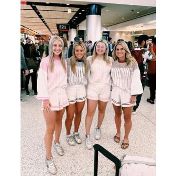 Arssm 2 Piece Sets for Women Casual Knitted Striped Crewneck Pullover Long Sleeve Sweater Shorts Lounge Outfits (Apricot-M)