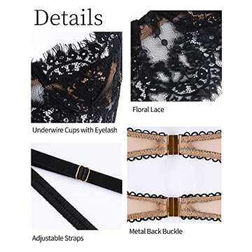 LINGERLOVE Lingerie for Women Floral Lace Bralette Sexy Eyelash Tank Tops Cami Top Everyday Bra Black