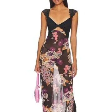 VAKUU Women Lace Patchwork Floral Maxi Dress,High Split Bodycon Long Dress Backless Spaghetti Strap ...