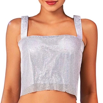 Yokawe Women Sparkly Crystal Tank Top - Adjustable Backless Crop Top for Parties