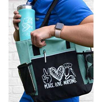 Peace, Love, Nursing. 2-Piece . Includes Insulated Tote Bag and Stainless-Steel Tumbler. Great Thank You Gift for Nurses. RN Gift and Perfect Graduation Gift. Nurse Bag for Work.