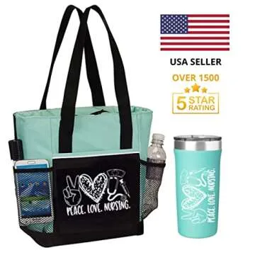 Peace, Love, Nursing. 2-Piece . Includes Insulated Tote Bag and Stainless-Steel Tumbler. Great Thank You Gift for Nurses. RN Gift and Perfect Graduation Gift. Nurse Bag for Work.
