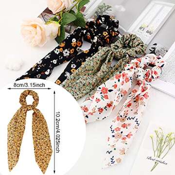 Chuangdi 10 Pcs Hair Scrunchies Hair Scarf with Ribbon Bunny Ears Chiffon Floral Bow Ponytail Holder...