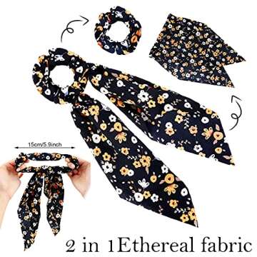 Chuangdi 10 Pcs Hair Scrunchies Hair Scarf with Ribbon Bunny Ears Chiffon Floral Bow Ponytail Holder Boho Elastic Floral Ropes 2 in 1 Vintage Accessories for Women
