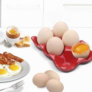 Flexzion Ceramic Egg Holder for Fridge - 6 Cups Egg Tray Half Dozen Porcelain Container Keeper Storage Organizer Decorative Serving Dish Serveware for Refrigerator Countertop Display Kitchen (Red)