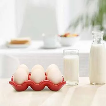 Flexzion Ceramic Egg Holder for Fridge - 6 Cups Egg Tray Half Dozen Porcelain Container Keeper Storage Organizer Decorative Serving Dish Serveware for Refrigerator Countertop Display Kitchen (Red)