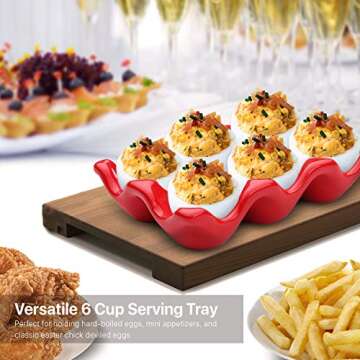 Flexzion Ceramic Egg Holder for Fridge - 6 Cups Egg Tray Half Dozen Porcelain Container Keeper Storage Organizer Decorative Serving Dish Serveware for Refrigerator Countertop Display Kitchen (Red)