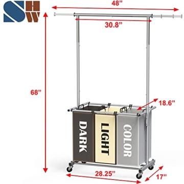 3-Bag Laundry Sorter with Extensible Hanging Rod