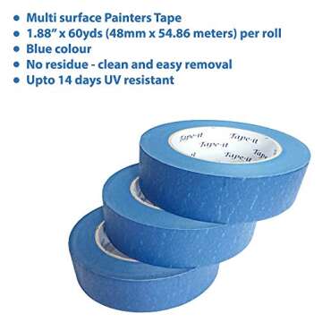 Blue Painters Tape Professional Grade 3 Pack (2 Inch) 1.88â€ x 60 Yards Masking Tape Aids No Paint Bleeds, Multi-Purpose, Up to 14 Days Clean Release, UV and Heat Resistant, 180 Total Yards
