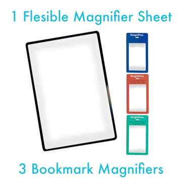 MagniPros Premium 3X (300%) Page Magnifying Lens with 3 Bonus Bookmark Magnifiers for Reading Small ...