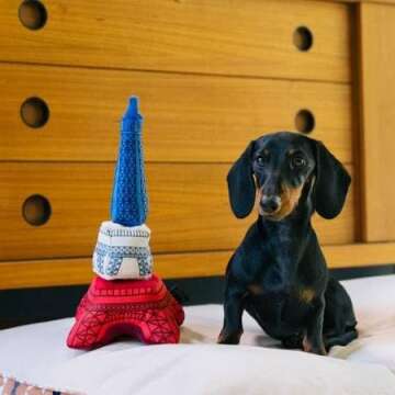 P.L.A.Y. Cute Plush Dog Toys - Totally Touristy, Landmark Themed Durable Squeaker Chew Toy, Great for Puppies & Small, Medium, Large Dogs - Machine Washable, Recycled Materials (Eiffel Tower, Medium)