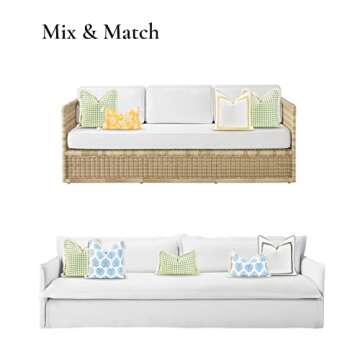 Hofdeco Premium Coastal Patio Indoor Outdoor Pillow Cover Only, 20"x20" Water Resistant for Backyard, Couch, Green Gingham Fringe