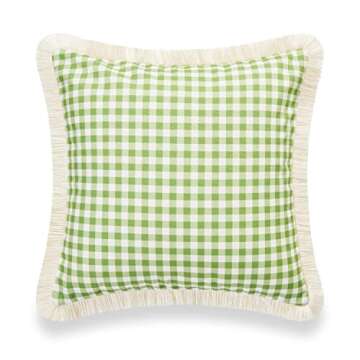 Hofdeco Premium Coastal Patio Indoor Outdoor Pillow Cover Only, 20"x20" Water Resistant for Backyard, Couch, Green Gingham Fringe