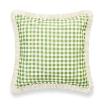 Hofdeco Premium Coastal Patio Indoor Outdoor Pillow Cover Only, 20"x20" Water Resistant for Backyard, Couch, Green Gingham Fringe