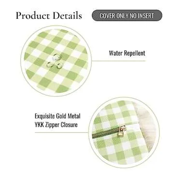 Hofdeco Premium Coastal Patio Indoor Outdoor Pillow Cover Only, 20"x20" Water Resistant for Backyard, Couch, Green Gingham Fringe