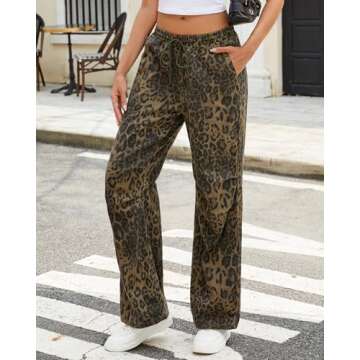 Ladyful Wide Leg Leopard Print Jeans for Women High Waisted Boyfriend Denim Pant Drawstring