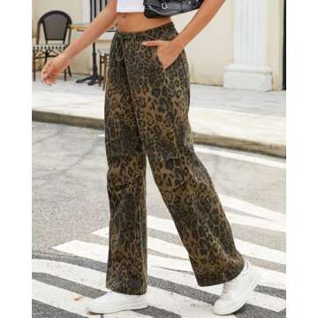 Ladyful Wide Leg Leopard Print Jeans for Women High Waisted Boyfriend Denim Pant Drawstring