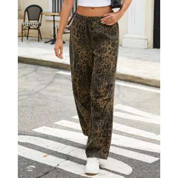 Ladyful Wide Leg Leopard Print Jeans for Women High Waisted Boyfriend Denim Pant Drawstring
