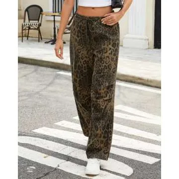 Ladyful Wide Leg Leopard Print Jeans for Women High Waisted Boyfriend Denim Pant Drawstring