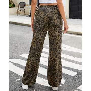 Ladyful Wide Leg Leopard Print Jeans for Women High Waisted Boyfriend Denim Pant Drawstring