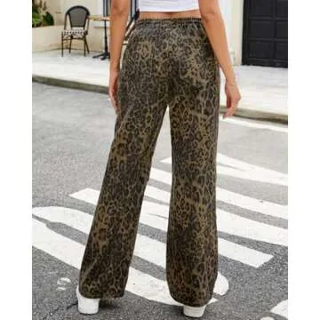 Ladyful Wide Leg Leopard Print Jeans for Women High Waisted Boyfriend Denim Pant Drawstring