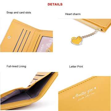 Sunwel Fashion Small Wallet with Heart Pendant Bifold Wallet Zipper Pocket Cash Card Holder Coin Purse for Women Girls