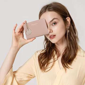 Sunwel Fashion Small Wallet with Heart Pendant Bifold Wallet Zipper Pocket Cash Card Holder Coin Purse for Women Girls