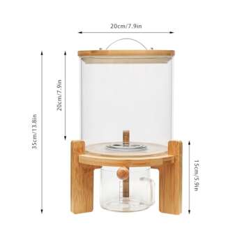 DUTTIETY Rice Dispenser with Wooden Stand, Flour and Cereal Container with Glass Measuring Cup, Food Storage Bin for Kitchen Organization and Pantry Store (Glass+Bamboo wood, 5L)